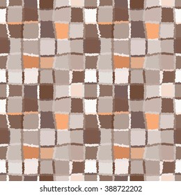 Seamless geometric mosaic checked pattern. Background of woven rectangles and squares. Patchwork, ceramic, tile texture. Brown, beige, orange colors. Vector