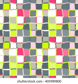 Seamless geometric mosaic checked pattern. Background of woven rectangles and squares. Patchwork, ceramic, tile texture. Gray, light green, white colors. Vector