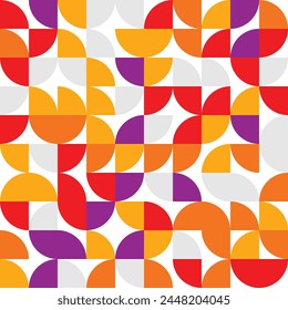 Seamless geometric mosaic in colorful shades, squares texture for textile or wallpaper. Orange, red, gray and purple shapes for cover template and web design EPS.