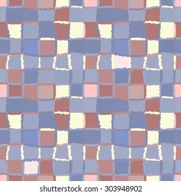 Seamless geometric mosaic pattern. Rectangles, squares, woven line background. Patchwork, ceramic, tile texture. Blue, brown/ beige, white, soft, pastel, colored. Sea and sunrise theme. Vector