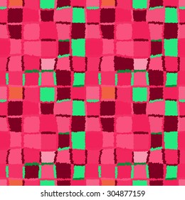 Seamless geometric mosaic pattern. Rectangles, squares, woven line background. Patchwork, ceramic, tile texture. Red, pink, rose, green, cold colored. Autumn theme. Vector