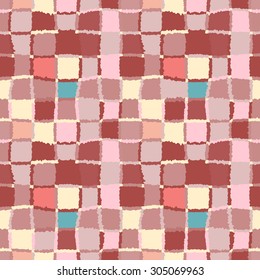 Seamless geometric mosaic pattern. Rectangles, squares, woven line background. Patchwork, ceramic, tile texture. Brown, terracotta, beige, rose, gray, pastel colored. Autumn theme. Vector