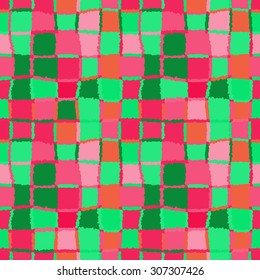 Seamless geometric mosaic pattern. Rectangles, squares, woven line background. Patchwork, ceramic, tile texture. Red, pink, rose, green, cold colored. Autumn theme. Vector