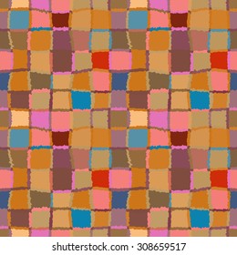 Seamless geometric mosaic pattern. Rectangles, squares, woven line background. Patchwork, ceramic, tile texture. Brown, beige, terracotta, blue, red pastel colored. Autumn theme. Vector