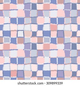 Seamless geometric mosaic pattern. Rectangles, squares, woven line background. Patchwork, ceramic, tile texture. Soft, pastel, rose, gray, blue, brown, beige, white, motley colored. Vector