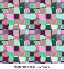Seamless geometric mosaic pattern. Rectangles, squares, woven line background. Patchwork, ceramic, tile texture. Soft brown, rose, cold green, contrast dark vinous colors. Winter theme colored. Vector