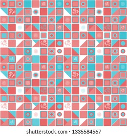 Seamless geometric mosaic pattern of square and round elements, decorated with sketches stylized as hand-made. Abstract pattern pink and blue. Vector illustration.