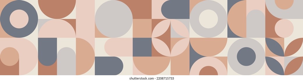 Seamless geometric mosaic in trendy coffee shades, circles and squares texture for textile or wallpaper. Gray and brown background for cover template and web design.