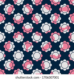 Seamless geometric multicolor floral vector repeat pattern with pink, white and navy blue flowers. Perfect for fashion design, textile design, home decor, wrapping paper and web graphic design.