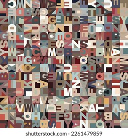 Seamless geometric multicolored pattern with alphabet letters in square blocks. Vintage mosaic style in brown, green, blue, and white colors. Great as a texture or background. Vector illustration.