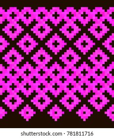 Seamless geometric national pattern. Design in the style of the Eastern Slavs. Pink pattern on a black background.