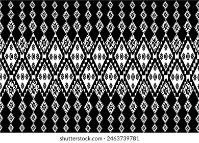 Seamless geometric Native American fabric pattern, black background. Illustrations, vectors, wallpaper.