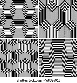 Seamless geometric op art patterns set. Vector art.