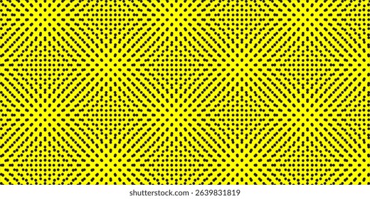 Seamless geometric optical illusion pattern with black dots on a bright yellow background, creating a hypnotic visual effect.