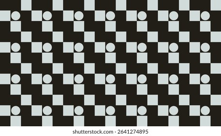 Seamless geometric optical illusion pattern with alternating black and light gray squares and circles. A modern abstract design that creates a tilted visual effect, perfect for backgrounds, wallpapers