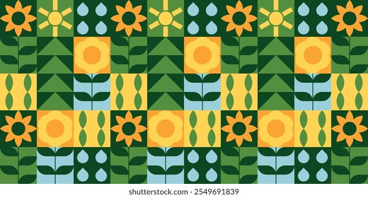 Seamless geometric organic mosaic nature sustainability pattern design. Icons: sun, pines, water, seeds, flowers, leaves. Colors: Green, Yellow, Orange, Jeans blue.