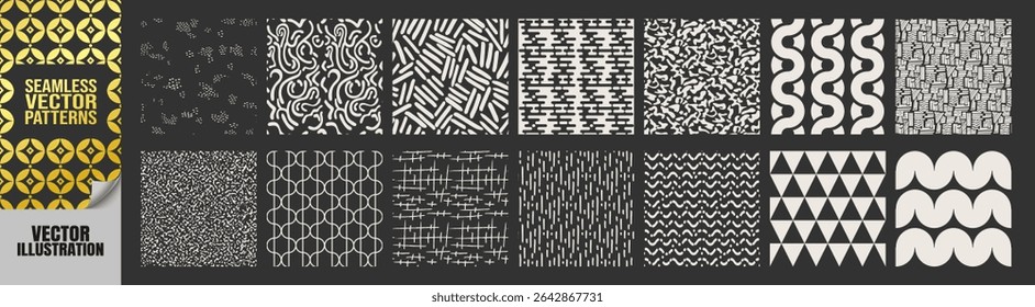 Colección de patrones geométricos y orgánicos sin fisuras: líneas Abstractas de Memphis Doodle, Formas irregulares, fondos de Vector oriental, texturas minimalistas modernas y set de muestras
