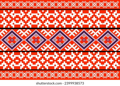 Seamless geometric oriental embroidery pattern on white, red background illustration, vector