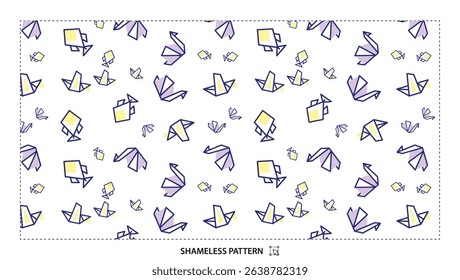 Seamless geometric origami animal pattern with birds and fish on transparent background