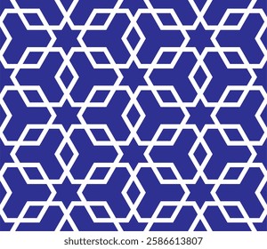 Seamless geometric ornament in arabic art on blue color background, suitable for fabrics, textiles, covers, backdrops