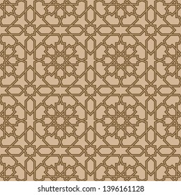 Seamless geometric ornament based on traditional arabic art.Double lines are brown.For design template,textile,fabric,wrapping paper,laser engraving.