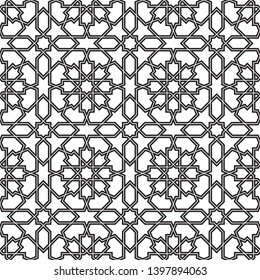 Seamless geometric ornament based on traditional arabic art.Double lines are black.For design template,textile,fabric,wrapping paper,laser engraving.