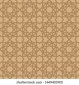 Seamless geometric ornament based on traditional arabic art. Muslim mosaic.Brown color lines.Great design for fabric,textile,cover,wrapping paper,background.Average thickness.Doubled lines.