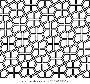 Seamless geometric ornament based on traditional arabic art. Muslim mosaic.Black and white lines.Great design for fabric,textile,cover,wrapping paper,background.Average thickness.Doubled lines.