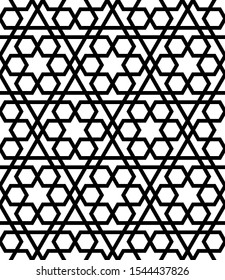 Seamless geometric ornament based on traditional arabic art. Muslim mosaic.Black and white lines.Great design for fabric,textile,cover,wrapping paper,background,laser cutting.Thick lines.