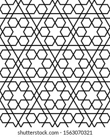 Seamless geometric ornament based on traditional arabic art. Muslim mosaic.Black and white lines.Great design for fabric,textile,cover,wrapping paper,background,laser cutting.Average thickness lines.