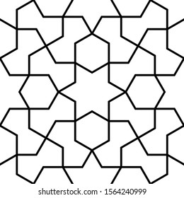 Seamless geometric ornament based on traditional arabic art. Muslim mosaic.Black and white lines.Great design for fabric,textile,cover,wrapping paper,background,laser cutting.Average thickness lines.