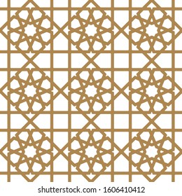Seamless geometric ornament based on traditional arabic art.Brown color lines.Great design for fabric,textile,cover,wrapping paper,background.Thick lines.Rounded corners.