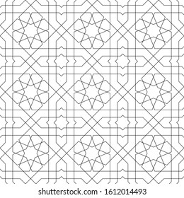 Seamless geometric ornament based on traditional arabic art. Muslim mosaic.Black and white lines.Great design for fabric,textile,cover,wrapping paper,background,laser cutting.Fine lines.