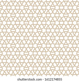 Seamless geometric ornament based on traditional arabic art.Brown color lines.Great design for fabric,textile,cover,wrapping paper,background.Average thickness DOUBLED lines.