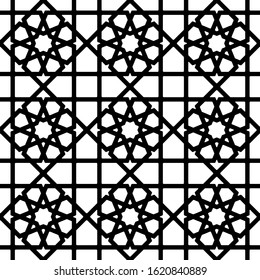 Seamless geometric ornament based on traditional arabic art. Black and white lines.Great design for fabric,textile,cover,wrapping paper,background,laser cutting.Thick lines.Rounded corners.
