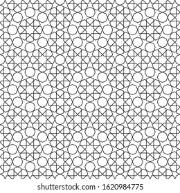 Seamless geometric ornament based on traditional arabic art. Muslim mosaic.Black and white lines.Great design for fabric,textile,cover,wrapping paper,background,laser cutting.Average thickness lines.