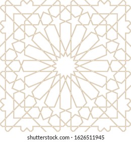 Seamless geometric ornament based on traditional arabic art.Brown color lines.Great design for fabric,textile,cover,wrapping paper,background.Average thickness.Contoured lines.