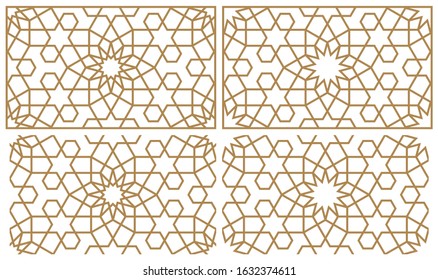 Seamless geometric ornament based on traditional arabic art.Two versions of the ornament and the pattern in the frame and just a pattern for reproduction.Thick lines.