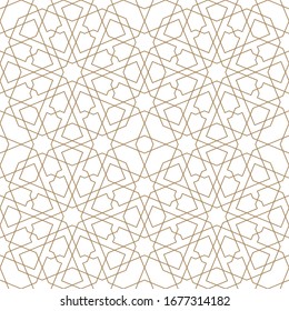 Seamless geometric ornament based on traditional arabic art.Brown color lines.Great design for fabric,textile,cover,wrapping paper,background.Thin lines.