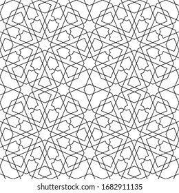 Seamless geometric ornament based on traditional arabic art.Black lines and white background.Great design for fabric,textile,cover,wrapping paper,background.Thin lines.