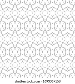 Seamless geometric ornament based on traditional arabic art.Black lines and white background.Great design for fabric,textile,cover,wrapping paper,background.Fine lines.