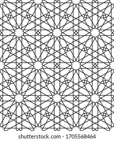 Seamless geometric ornament based on traditional arabic art.Black lines and white background.Great design for fabric,textile,cover,wrapping paper,background.Thin lines.