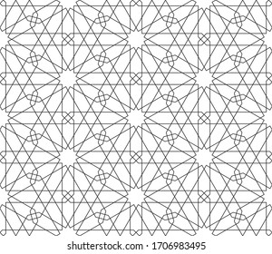 Seamless geometric ornament based on traditional arabic art.Black lines and white background.Great design for fabric,textile,cover,wrapping paper,background.Fine lines.