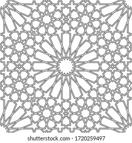 Seamless geometric ornament based on traditional arabic art.Black lines and white background.Great design for fabric,textile,cover,wrapping paper,background.Average thickness contoured lines.