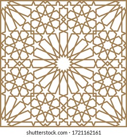 Seamless geometric ornament based on traditional arabic art.Brown color lines .Great design for fabric,textile,cover,wrapping paper,background.Thick lines.Pattern in FRAME.