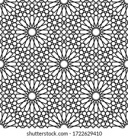Seamless geometric ornament based on traditional arabic art.Black lines and white background.Great design for fabric,textile,cover,wrapping paper,background.Thick lines.
