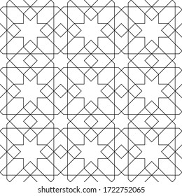 Seamless geometric ornament based on traditional arabic art.Black lines and white background.Great design for fabric,textile,cover,wrapping paper,background.Thin lines.