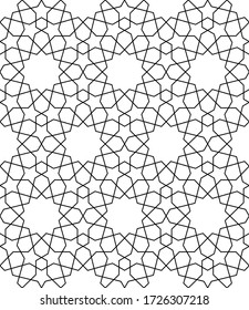 Seamless geometric ornament based on traditional arabic art.Black lines and white background.Great design for fabric,textile,cover,wrapping paper,background.Average thickness lines.