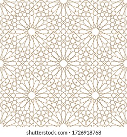 Seamless geometric ornament based on traditional arabic art.Brown color lines.Great design for fabric,textile,cover,wrapping paper,background.Average thickness lines.