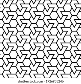 Seamless geometric ornament based on traditional arabic art.Black lines and white background.Great design for fabric,textile,cover,wrapping paper,background.Average thickness lines.